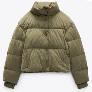 Zara Olive Green Women's Cropped Puffer Jacket